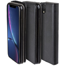 Cargar imagen en el visor de la galería, Moozy Case Flip Cover for iPhone XR, Black - Smart Magnetic Flip Case with Card Holder and Stand
