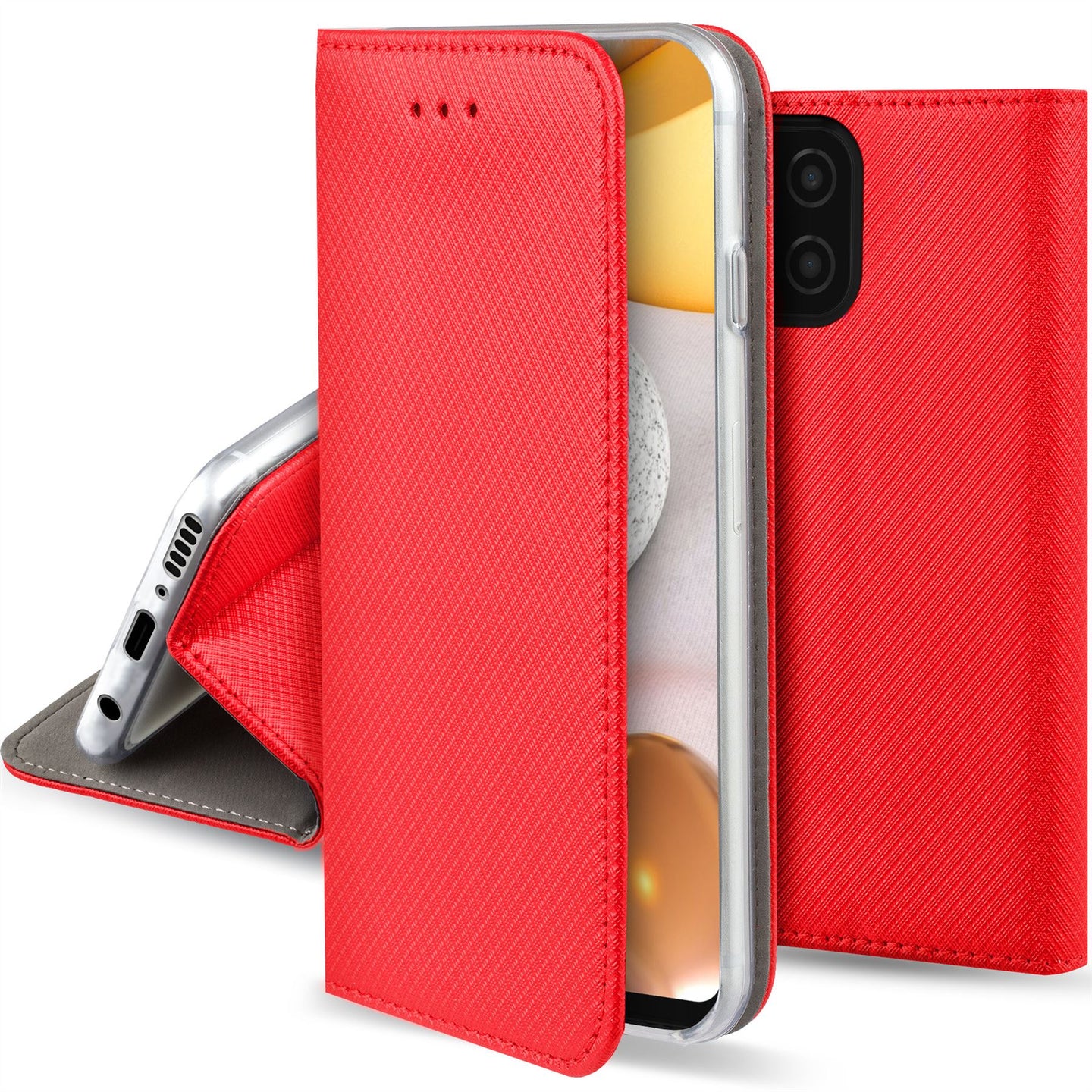 Moozy Case Flip Cover for Samsung A42 5G, Red - Smart Magnetic Flip Case with Card Holder and Stand