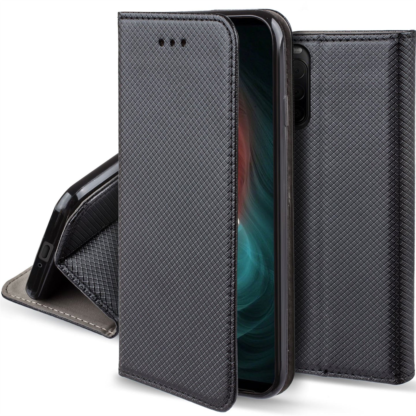 Moozy Case Flip Cover for Sony Xperia 10 II, Black - Smart Magnetic Flip Case with Card Holder and Stand