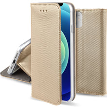 Cargar imagen en el visor de la galería, Moozy Case Flip Cover for iPhone 12 mini, Gold - Smart Magnetic Flip Case with Card Holder and Stand
