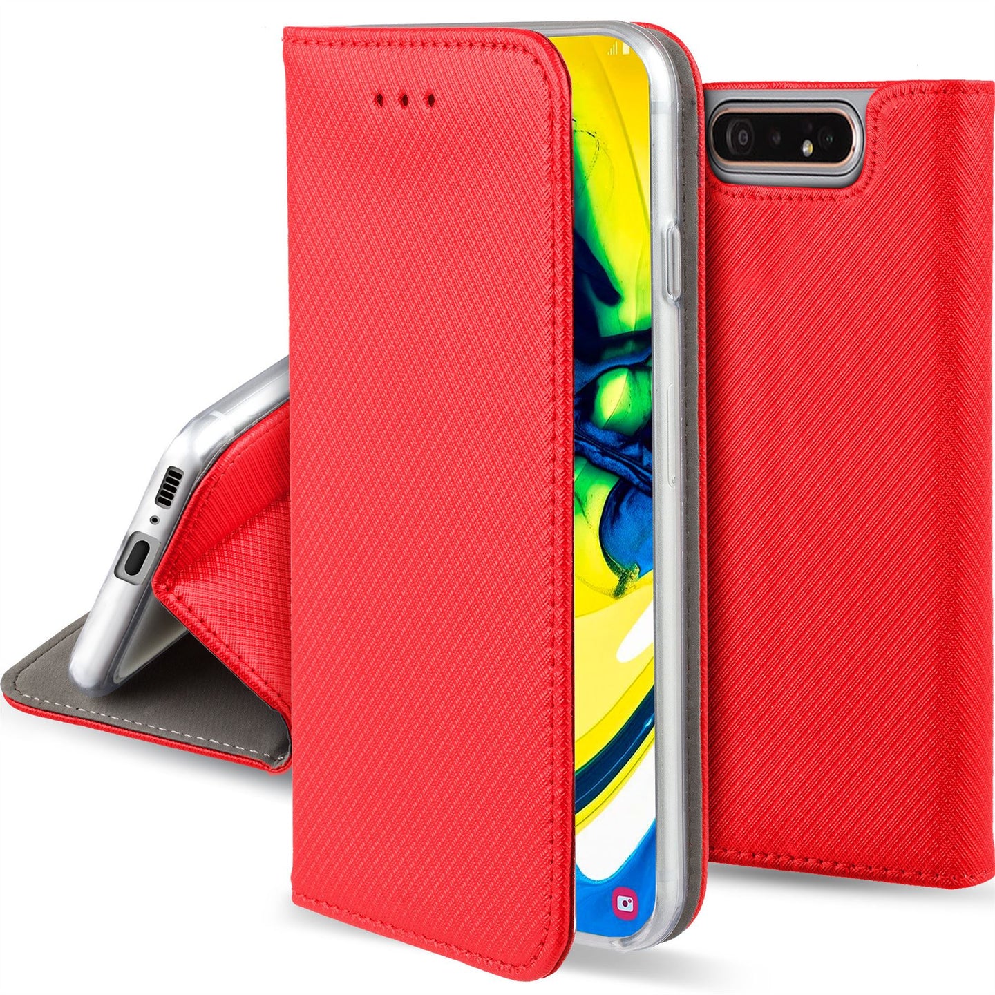 Moozy Case Flip Cover for Samsung A80, Red - Smart Magnetic Flip Case with Card Holder and Stand