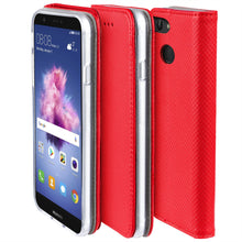 Load image into Gallery viewer, Moozy Case Flip Cover for Huawei P Smart, Red - Smart Magnetic Flip Case with Card Holder and Stand
