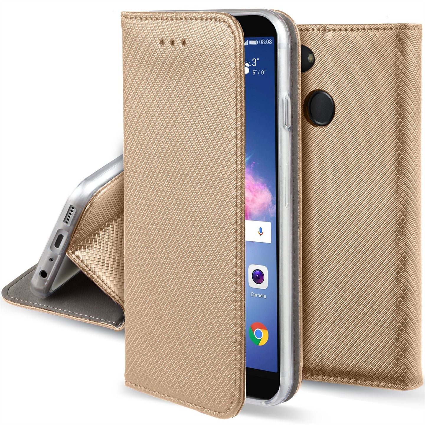 Moozy Case Flip Cover for Huawei P Smart, Gold - Smart Magnetic Flip Case with Card Holder and Stand