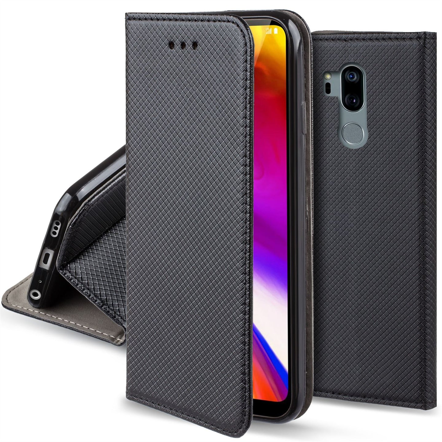 Moozy Case Flip Cover for LG G7 ThinQ, LG G7 Plus, Black - Smart Magnetic Flip Case with Card Holder and Stand