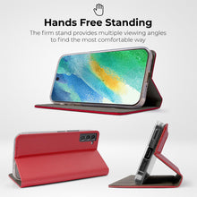 Lade das Bild in den Galerie-Viewer, Moozy Case Flip Cover for Samsung S21 FE, Red - Smart Magnetic Flip Case Flip Folio Wallet Case with Card Holder and Stand, Credit Card Slots, Kickstand Function
