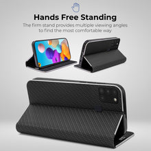 Lade das Bild in den Galerie-Viewer, Moozy Wallet Case für Samsung A21s, Black Carbon – Metallischer Kantenschutz Magnetverschluss Flip Cover mit Kartenhalter
