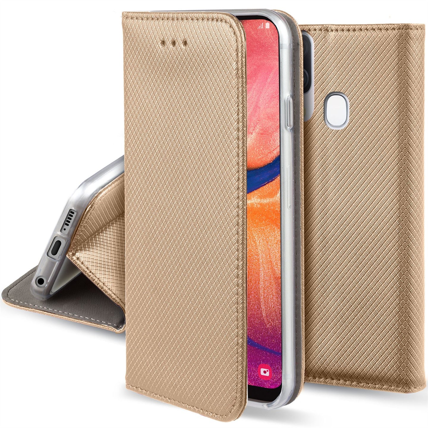 Moozy Case Flip Cover for Samsung A20e, Gold - Smart Magnetic Flip Case with Card Holder and Stand