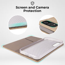Carica l&#39;immagine nel visualizzatore di Gallery, Moozy Case Flip Cover for Xiaomi Redmi Note 11 / 11S, Gold - Smart Magnetic Flip Case Flip Folio Wallet Case with Card Holder and Stand, Credit Card Slots, Kickstand Function
