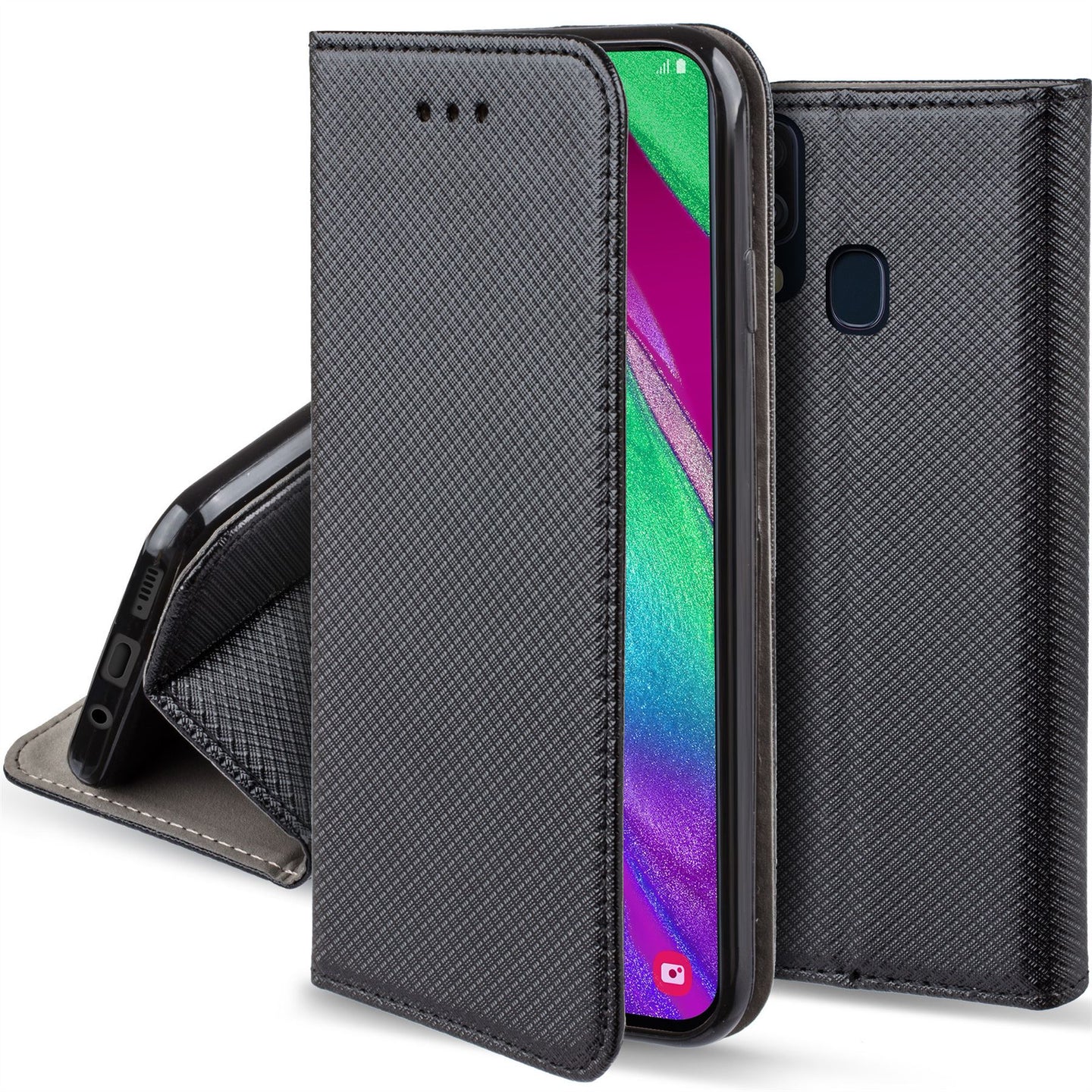 Moozy Case Flip Cover for Samsung A40, Black - Smart Magnetic Flip Case with Card Holder and Stand