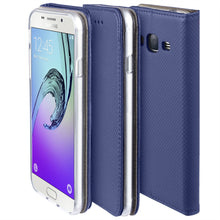 Load image into Gallery viewer, Moozy Case Flip Cover for Samsung J3 2016, Dark Blue - Smart Magnetic Flip Case with Card Holder and Stand
