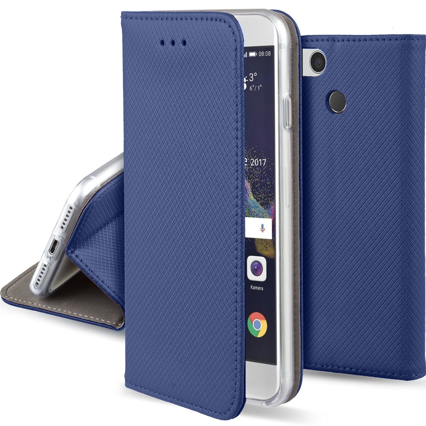 Moozy Case Flip Cover for Huawei P8 Lite 2017, Dark Blue - Smart Magnetic Flip Case with Card Holder and Stand