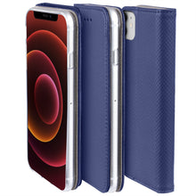 Load image into Gallery viewer, Moozy Case Flip Cover for iPhone 12, iPhone 12 Pro, Dark Blue - Smart Magnetic Flip Case with Card Holder and Stand
