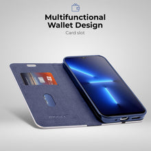 Cargar imagen en el visor de la galería, Moozy Wallet Case for Samsung A13, Dark Blue Carbon - Flip Case with Metallic Border Design Magnetic Closure Flip Cover with Card Holder and Kickstand Function
