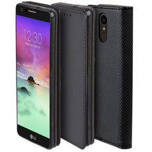 Carica l&#39;immagine nel visualizzatore di Gallery, Moozy Case Flip Cover for LG K10 2017, Black - Smart Magnetic Flip Case with Card Holder and Stand
