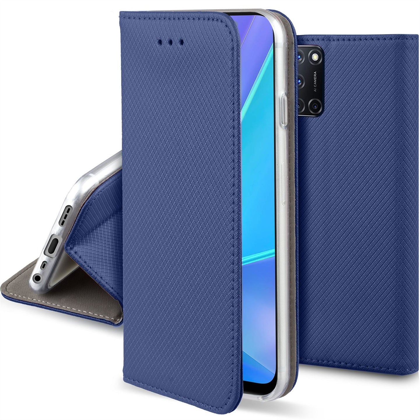 Moozy Case Flip Cover for Oppo A72, Oppo A52 and Oppo A92, Dark Blue - Smart Magnetic Flip Case with Card Holder and Stand