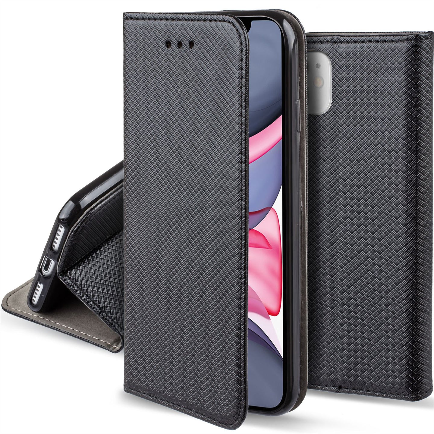 Moozy Case Flip Cover for iPhone 11, Black - Smart Magnetic Flip Case with Card Holder and Stand