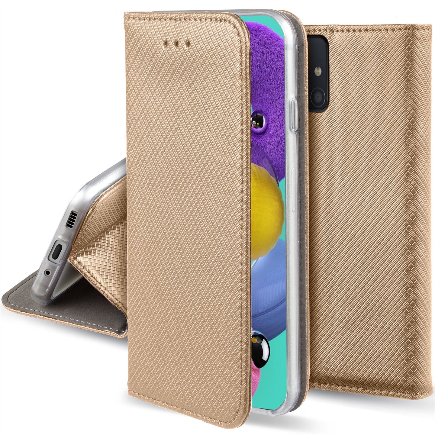 Moozy Case Flip Cover for Samsung A51, Gold - Smart Magnetic Flip Case with Card Holder and Stand