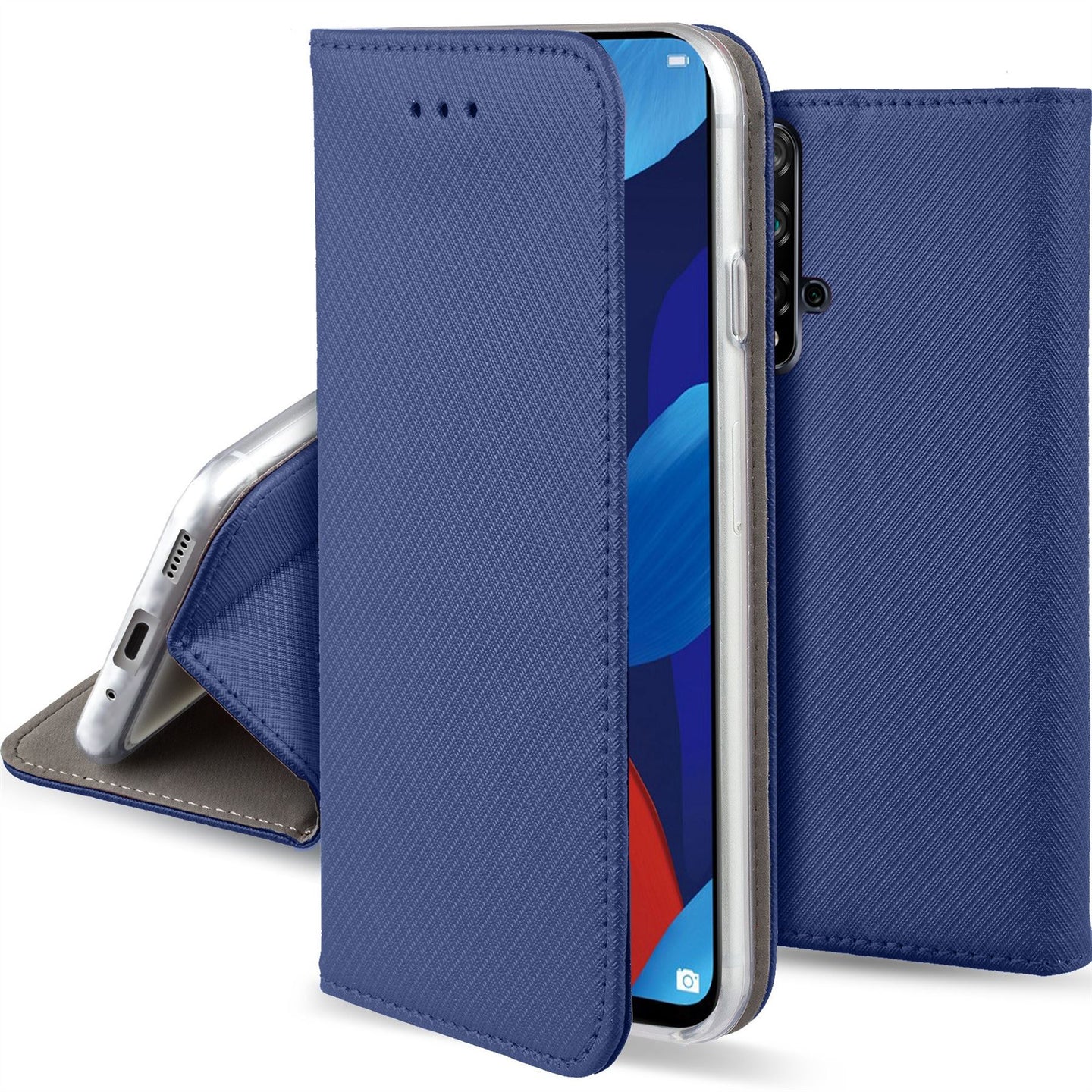 Moozy Case Flip Cover for Huawei Nova 5T and Honor 20, Dark Blue - Smart Magnetic Flip Case with Card Holder and Stand