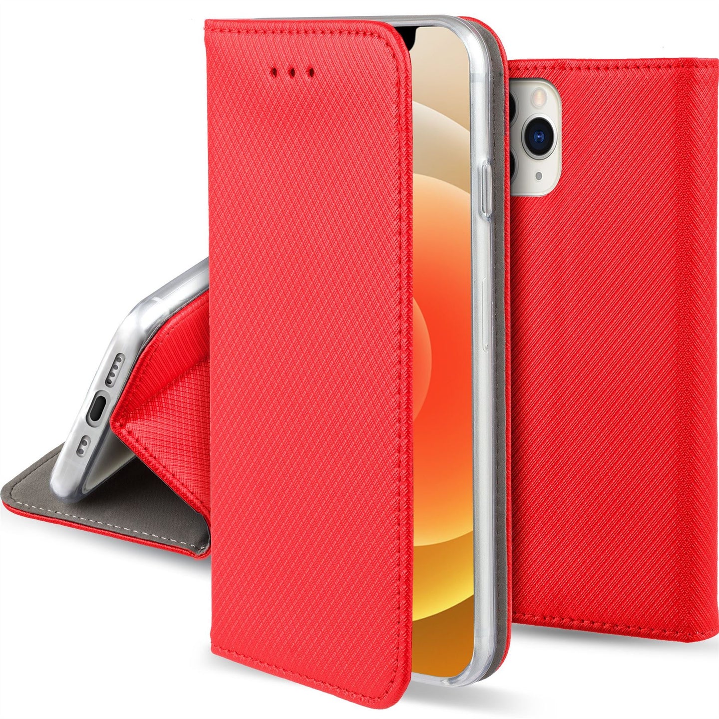 Moozy Case Flip Cover for iPhone 12 Pro Max, Red - Smart Magnetic Flip Case with Card Holder and Stand