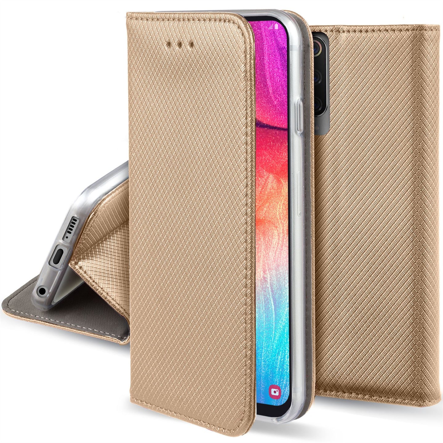 Moozy Case Flip Cover for Samsung A50, Gold - Smart Magnetic Flip Case with Card Holder and Stand