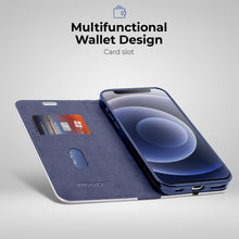 Ladda upp bild till gallerivisning, Moozy Wallet Case for iPhone 12 mini, Dark Blue Carbon – Metallic Edge Protection Magnetic Closure Flip Cover with Card Holder
