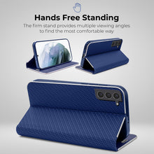 Charger l&#39;image dans la galerie, Moozy Wallet Case for Samsung S21 5G and 4G, Dark Blue Carbon – Flip Case with Metallic Border Design Magnetic Closure Flip Cover with Card Holder and Kickstand Function
