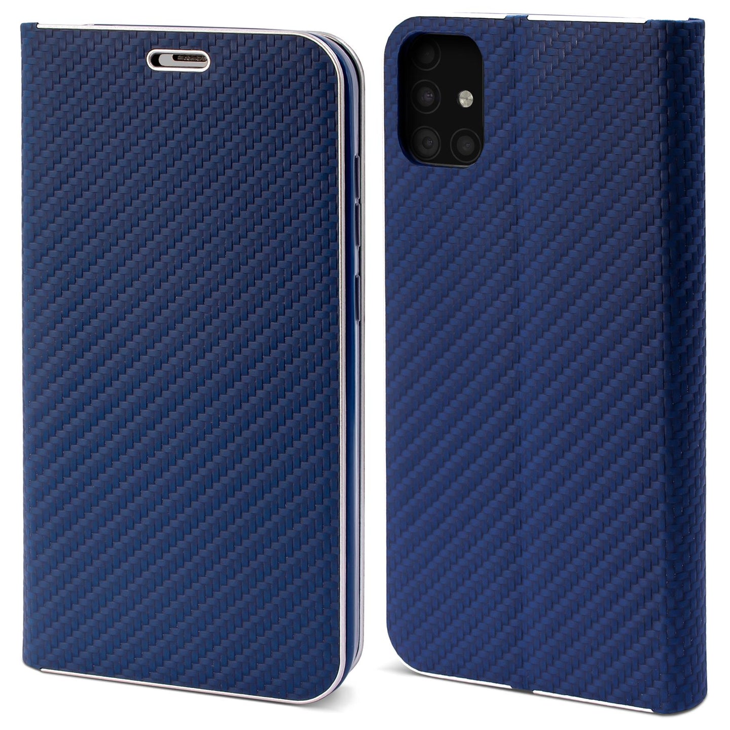 Moozy Wallet Case für Samsung A51, Dark Blue Carbon – Metallischer Kantenschutz Magnetverschluss Flip Cover mit Kartenhalter