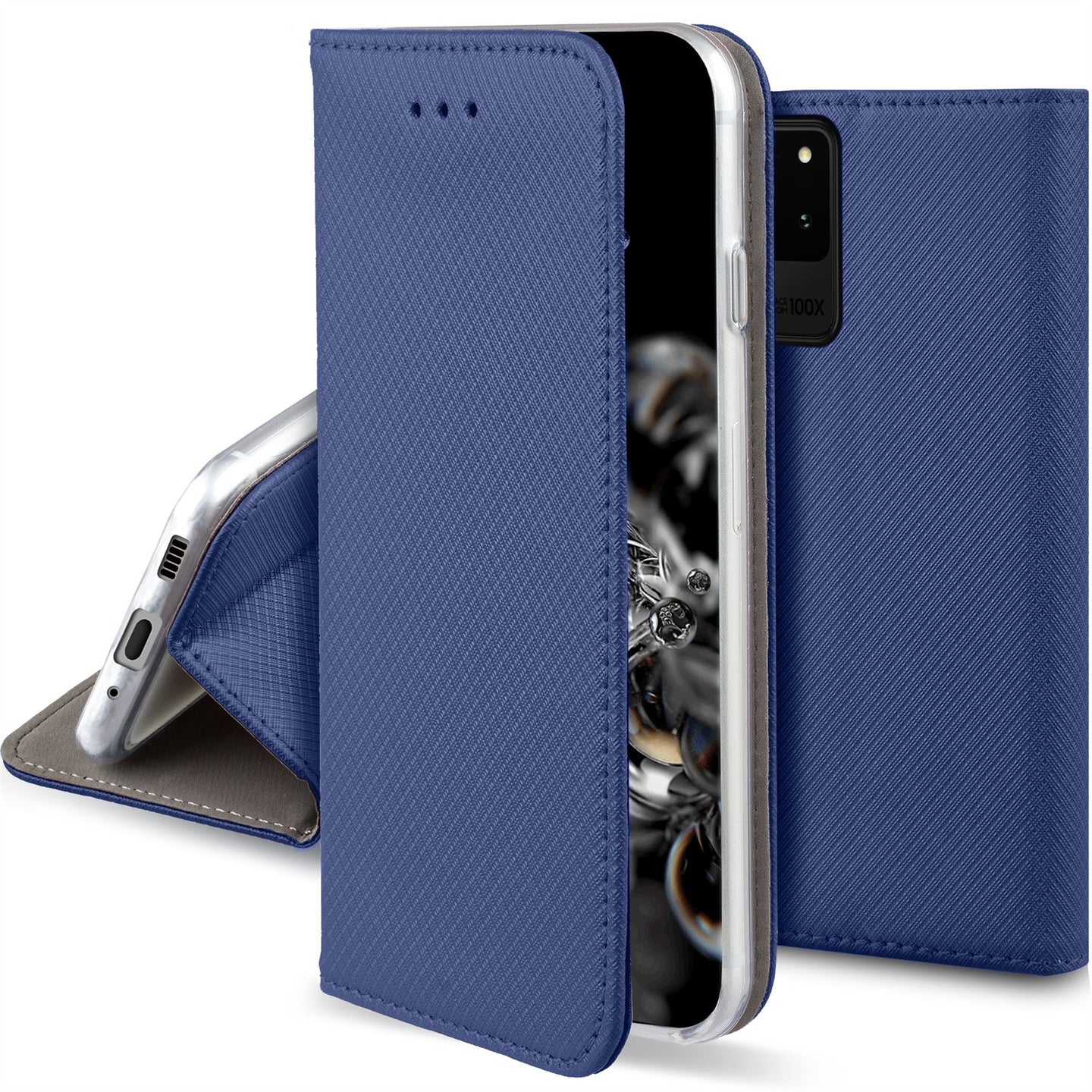 Moozy Case Flip Cover for Samsung S20 Ultra, Dark Blue - Smart Magnetic Flip Case with Card Holder and Stand