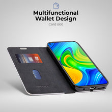 Załaduj obraz do przeglądarki galerii, Moozy Wallet Case for Xiaomi Redmi Note 9, Black Carbon – Metallic Edge Protection Magnetic Closure Flip Cover with Card Holder
