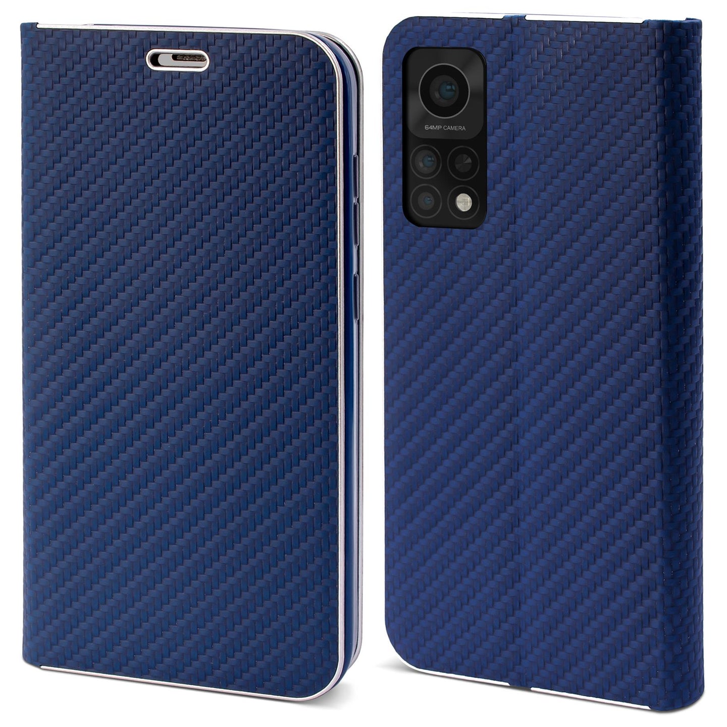 Moozy Wallet Case für Xiaomi Mi 10T 5G und Mi 10T Pro 5G, Dark Blue Carbon – Metallischer Kantenschutz Magnetverschluss Flip Cover mit Kartenhalter