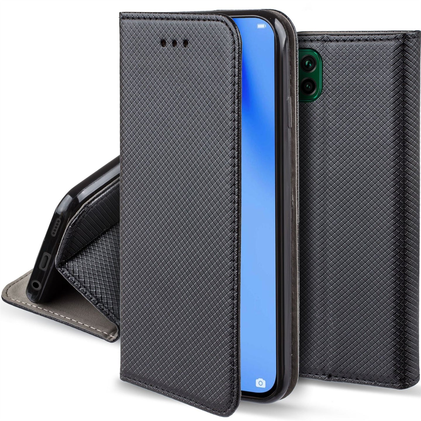 Moozy Case Flip Cover for Huawei P40 Lite, Black - Smart Magnetic Flip Case with Card Holder and Stand