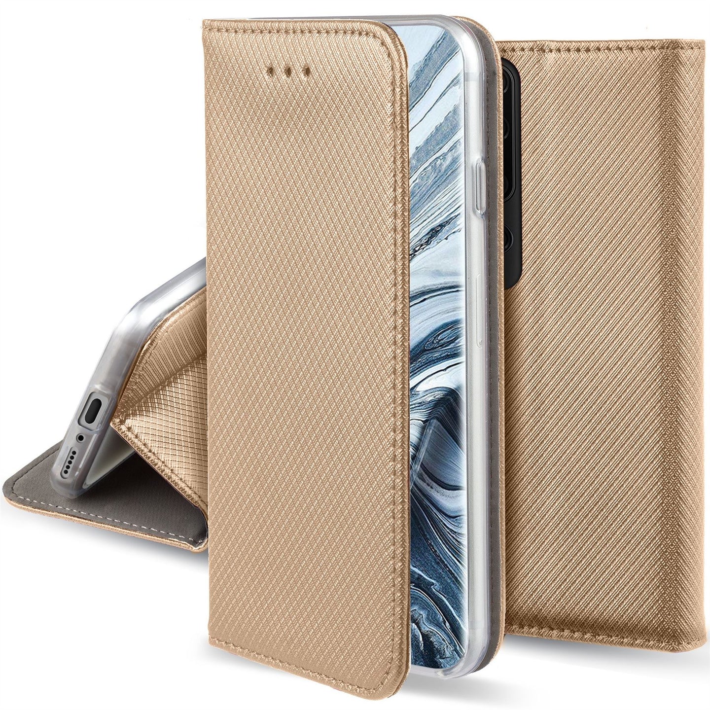 Moozy Case Flip Cover for Xiaomi Mi 10 and Xiaomi Mi 10 Pro, Gold - Smart Magnetic Flip Case with Card Holder and Stand