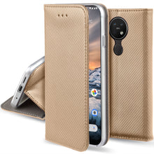 Lade das Bild in den Galerie-Viewer, Moozy Case Flip Cover for Nokia 7.2, Nokia 6.2, Gold - Smart Magnetic Flip Case with Card Holder and Stand
