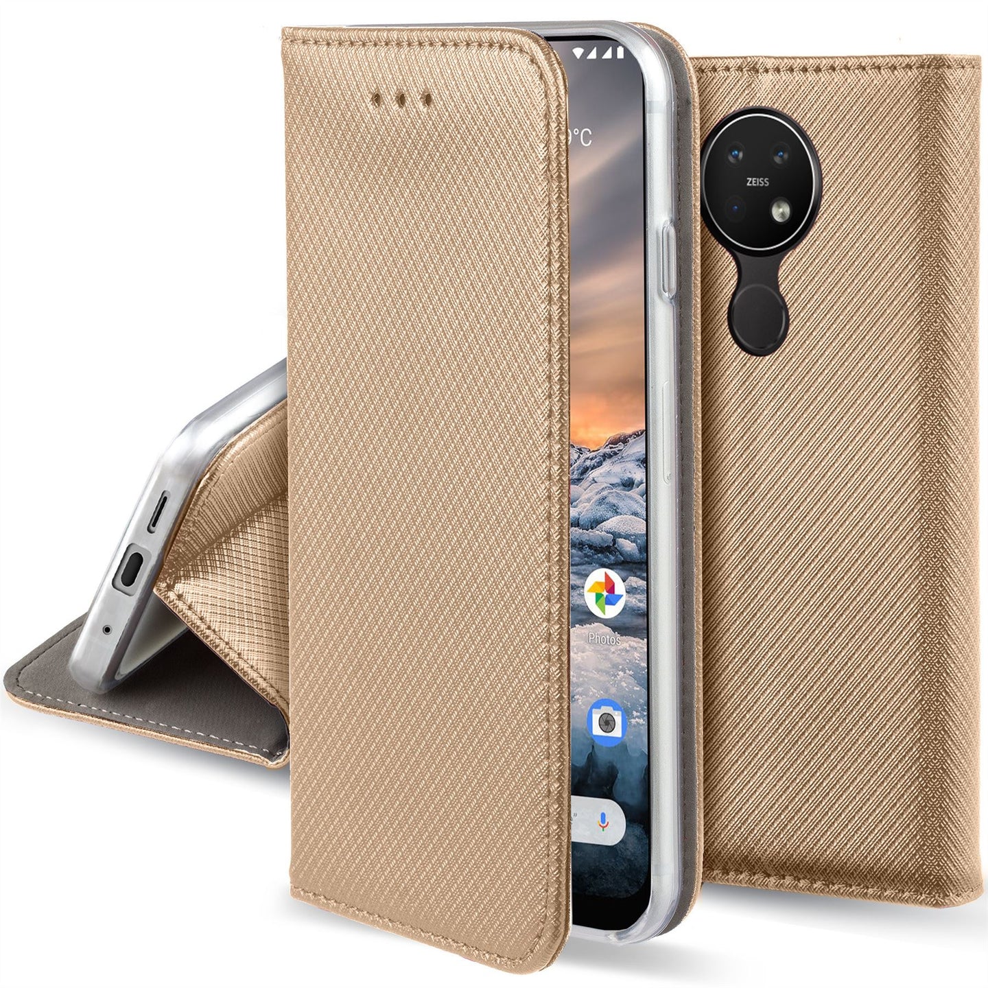 Moozy Case Flip Cover for Nokia 7.2, Nokia 6.2, Gold - Smart Magnetic Flip Case with Card Holder and Stand