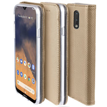 Lade das Bild in den Galerie-Viewer, Moozy Case Flip Cover for Nokia 2.3, Gold - Smart Magnetic Flip Case with Card Holder and Stand
