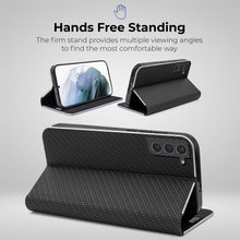 Lade das Bild in den Galerie-Viewer, Moozy Wallet Case for Samsung S21 5G and 4G, Black Carbon – Flip Case with Metallic Border Design Magnetic Closure Flip Cover with Card Holder and Kickstand Function
