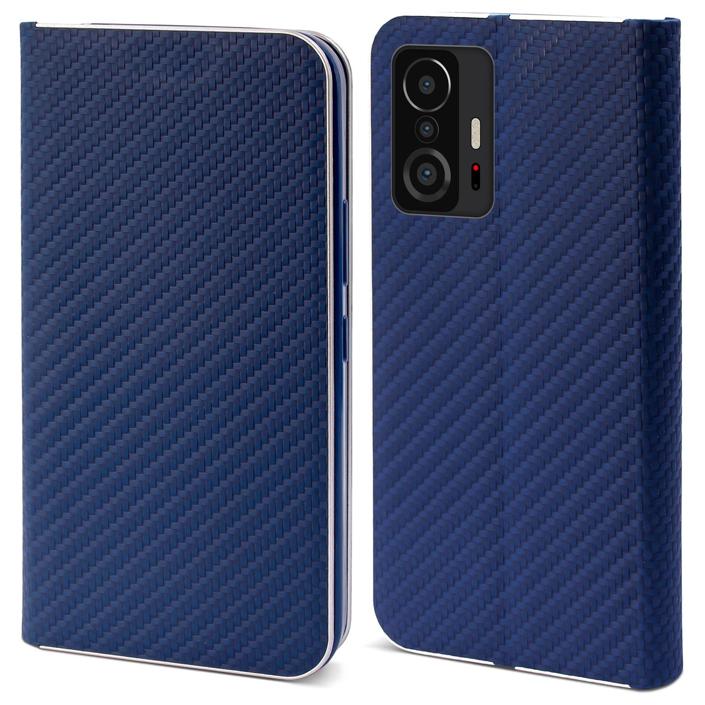 Moozy Wallet Case for Xiaomi 11T and 11T Pro, Dark Blue Carbon - Flip Case with Metallic Border Design Magnetic Closure Flip Cover with Card Holder and Kickstand Function