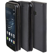 Cargar imagen en el visor de la galería, Moozy Case Flip Cover for Huawei P9 Lite, Black - Smart Magnetic Flip Case with Card Holder and Stand
