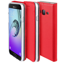 Carica l&#39;immagine nel visualizzatore di Gallery, Moozy Case Flip Cover for Samsung J3 2016, Red - Smart Magnetic Flip Case with Card Holder and Stand
