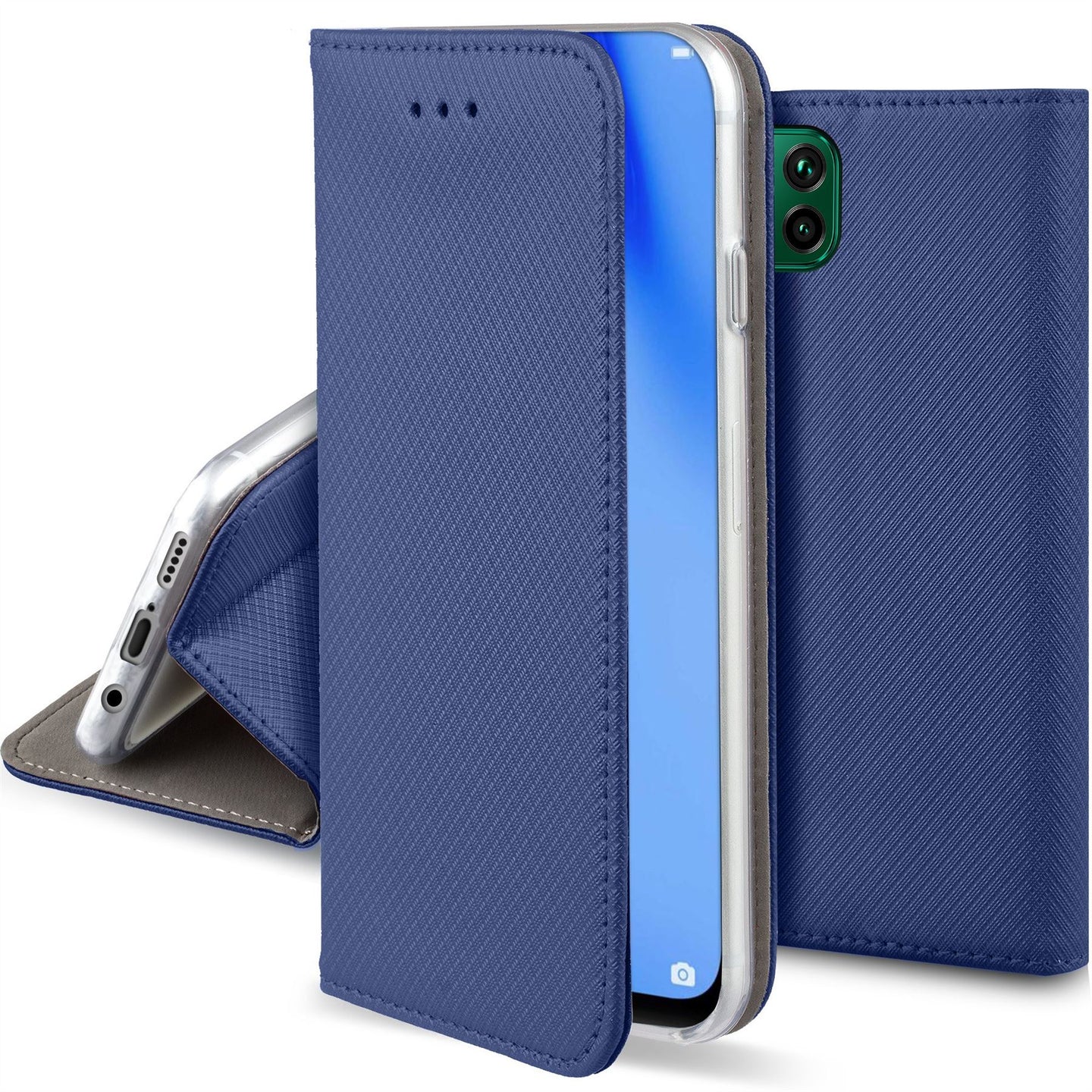Moozy Case Flip Cover for Huawei P40 Lite, Dark Blue - Smart Magnetic Flip Case with Card Holder and Stand