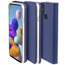 Lade das Bild in den Galerie-Viewer, Moozy Case Flip Cover for Samsung A21s, Dark Blue - Smart Magnetic Flip Case with Card Holder and Stand
