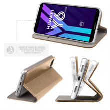 Cargar imagen en el visor de la galería, Moozy Case Flip Cover for Huawei Y6 2018, Gold - Smart Magnetic Flip Case with Card Holder and Stand
