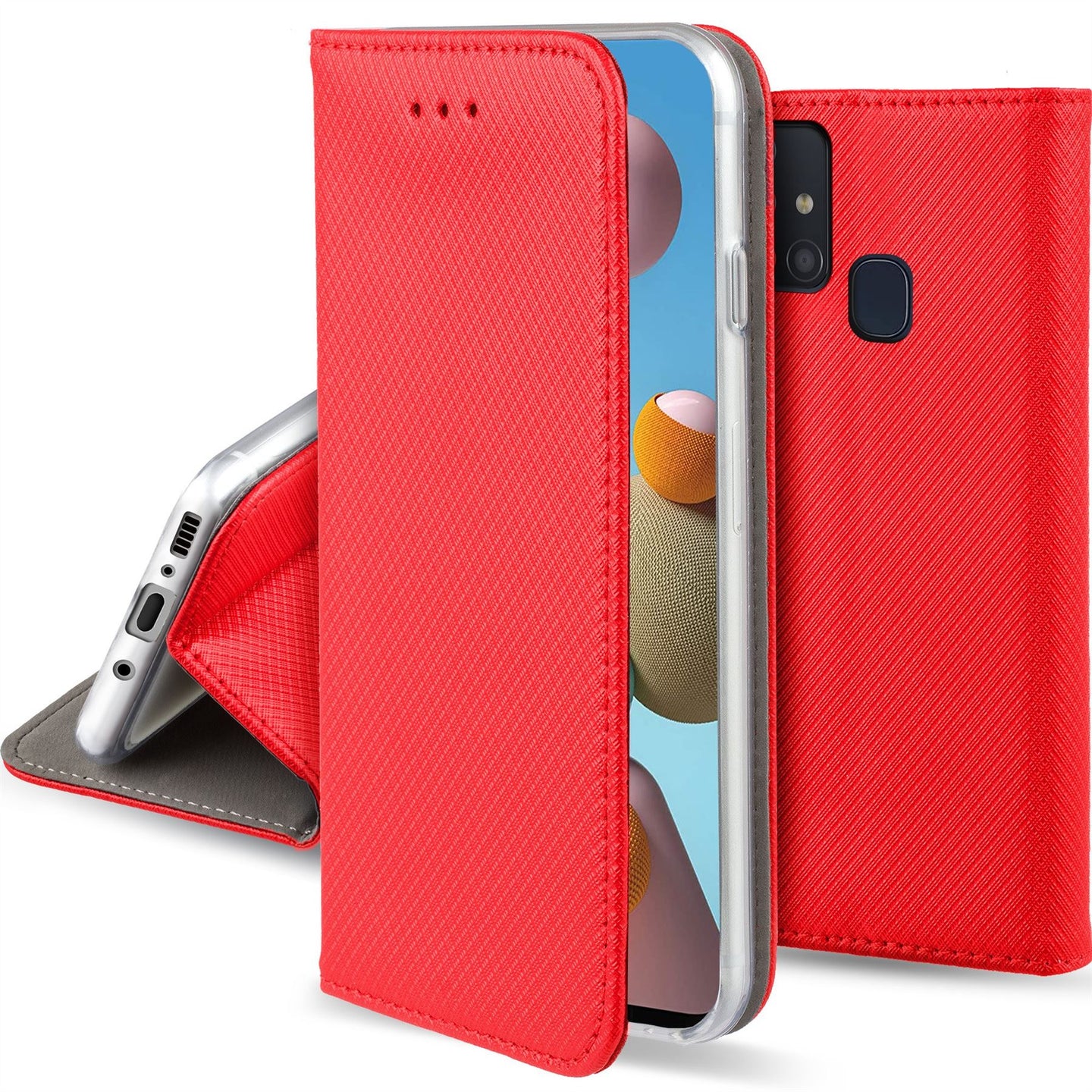 Moozy Case Flip Cover for Samsung A21s, Red - Smart Magnetic Flip Case with Card Holder and Stand