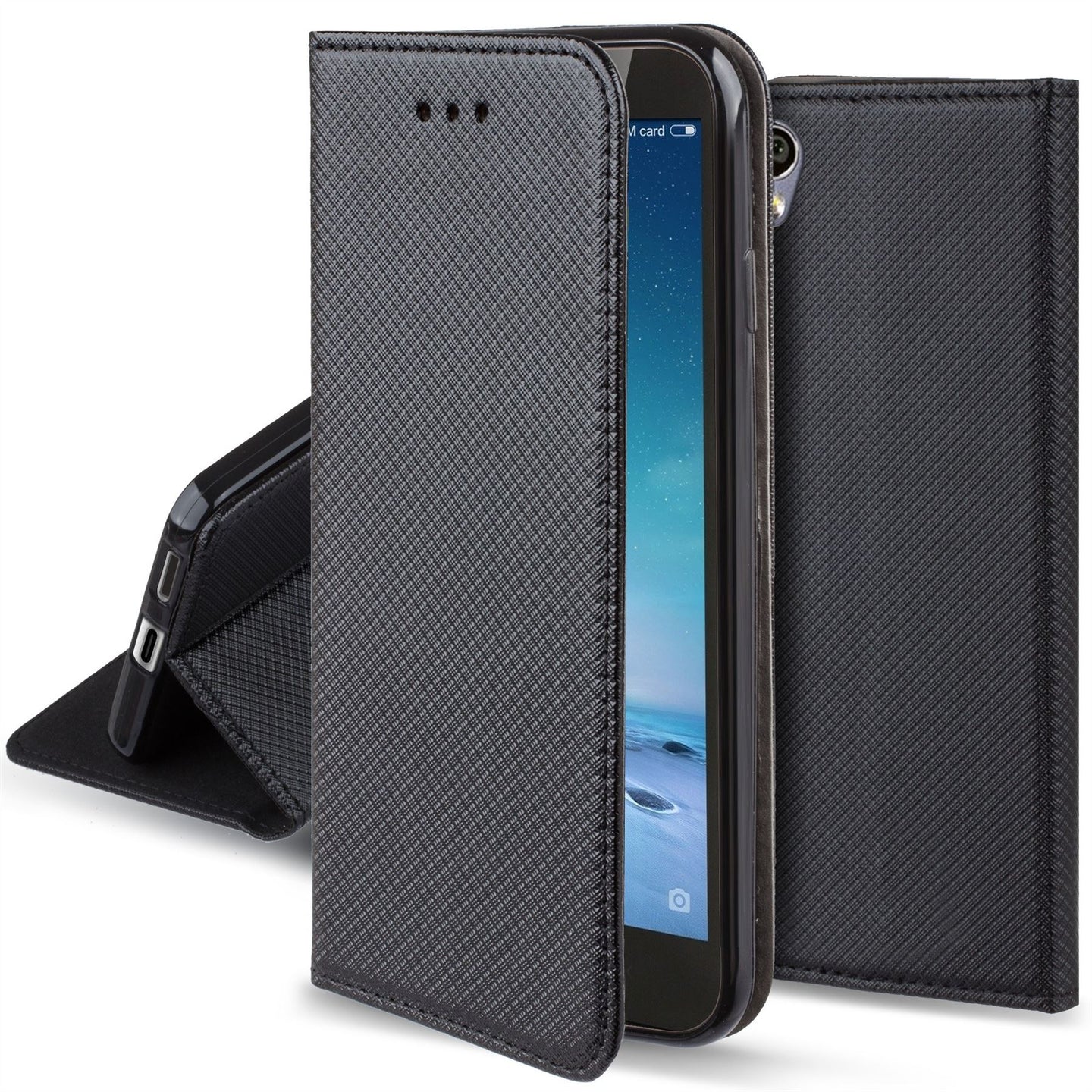 Moozy Case Flip Cover for Sony Xperia XA1, Black - Smart Magnetic Flip Case with Card Holder and Stand