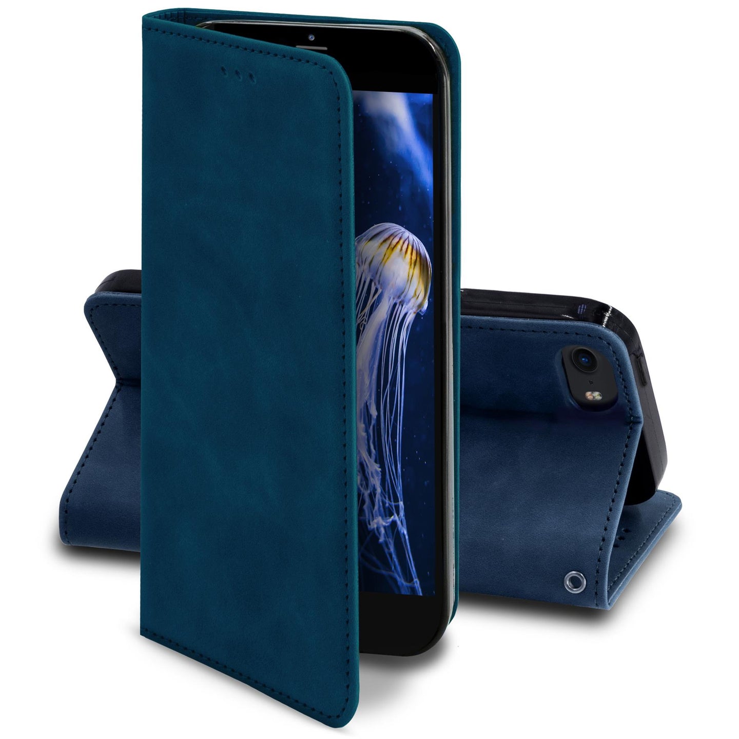 Moozy Marble Blue Flip Case for iPhone SE 2020, iPhone 8, iPhone 7 - Flip Cover Magnetic Flip Folio Retro Wallet Case
