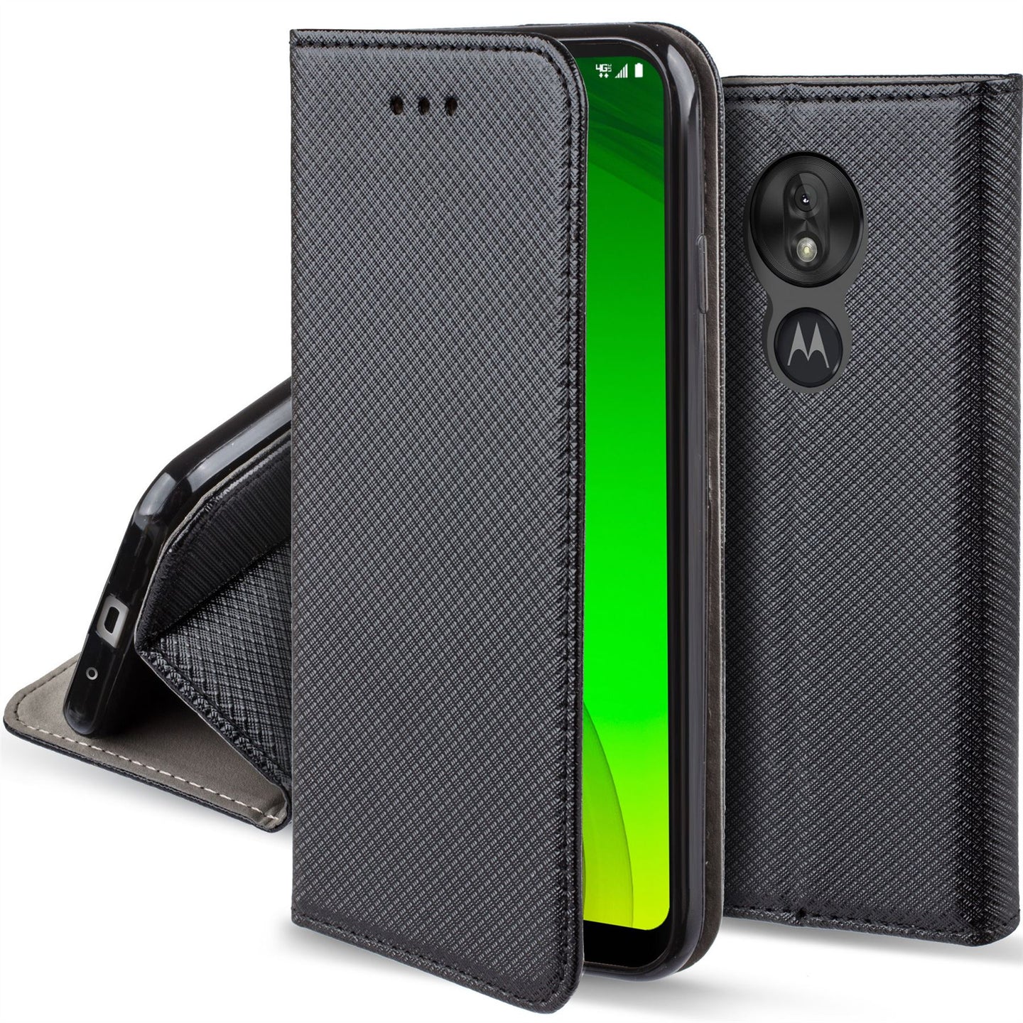 Moozy Case Flip Cover for Motorola Moto G7 Power, Black - Smart Magnetic Flip Case with Card Holder and Stand