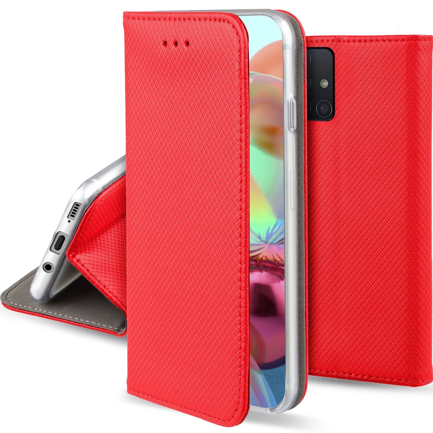 Moozy Case Flip Cover for Samsung A71, Red - Smart Magnetic Flip Case with Card Holder and Stand
