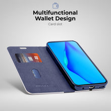 Ladda upp bild till gallerivisning, Moozy Wallet Case for Huawei P40 Lite, Dark Blue Carbon – Metallic Edge Protection Magnetic Closure Flip Cover with Card Holder
