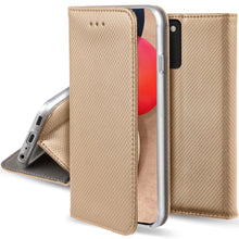 Załaduj obraz do przeglądarki galerii, Moozy Case Flip Cover for Samsung A02S, Gold - Smart Magnetic Flip Case Flip Folio Wallet Case with Card Holder and Stand, Credit Card Slots10,99
