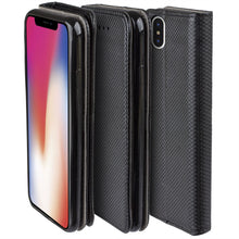 Załaduj obraz do przeglądarki galerii, Moozy Case Flip Cover for iPhone X, iPhone XS, Black - Smart Magnetic Flip Case with Card Holder and Stand
